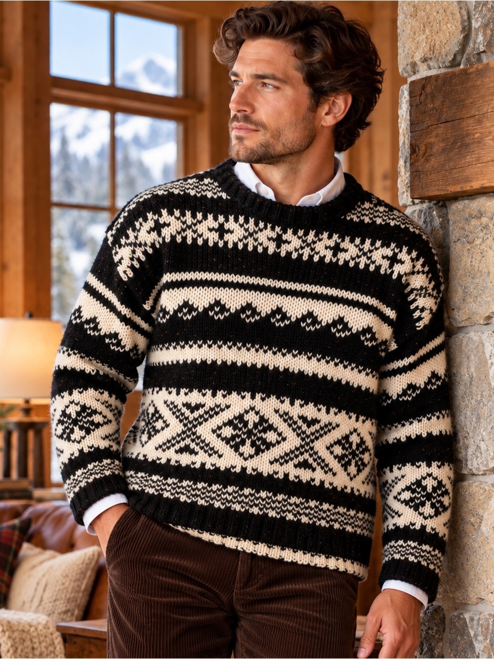 Joseph Abboud 100% New Wool Fair Isle Sweater Black Cream S 90s Nordic Preppy